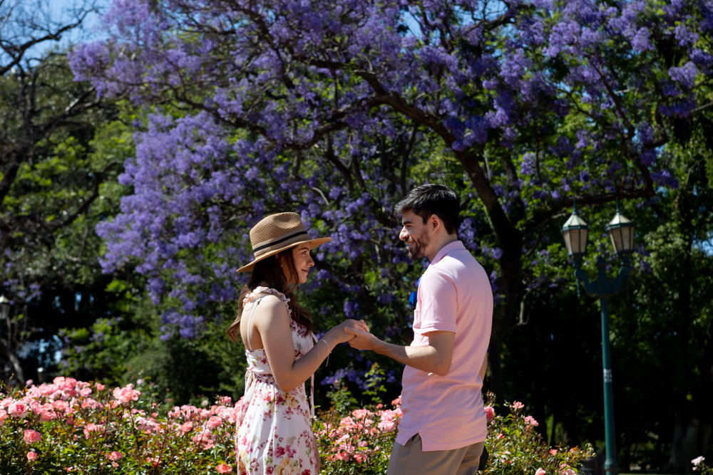 surprise wedding marriage proposal in the rose park spring jacaranda roses