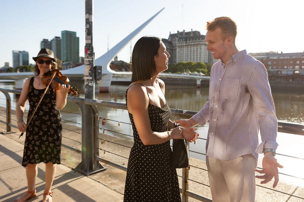 romantic surprise wedding proposal photography buenos aires argentina music violinist puente de la mujer documental candid