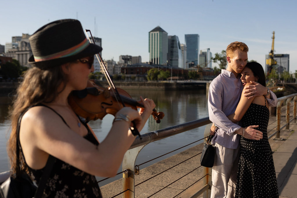 romantic surprise wedding proposal photography buenos aires argentina music violinist puente de la mujer documental candid
