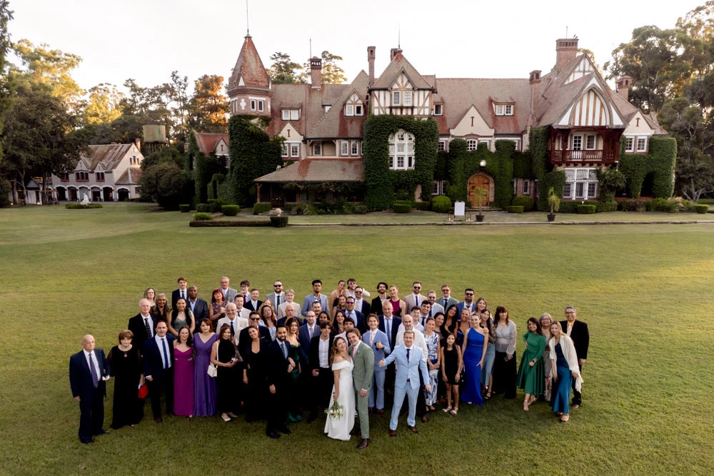 Bride and groom celebrating with guests from nine countries during a multicultural destination wedding in Argentina.
